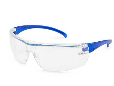 Metal Detectable Anti-Fog Safety Glasses by Techniclean Products - Pack of 10 pairs. Blue frame with translucent blue temples. Ergonomic design, lightweight, and anti-fog lenses.