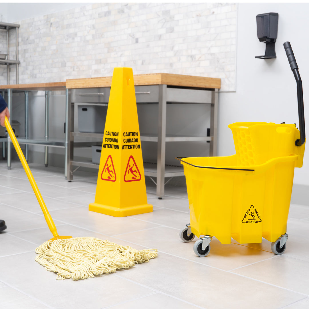 Techniclean Products Color Coded Mop Bucket for Janitorial Sanitation work Yellow Action