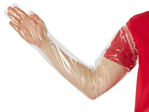 Techniclean Poly Sleeve Gloves - 35" length, clear-colored, ambidextrous, FDA-compliant. Ideal for sanitation, food production, and agriculture.