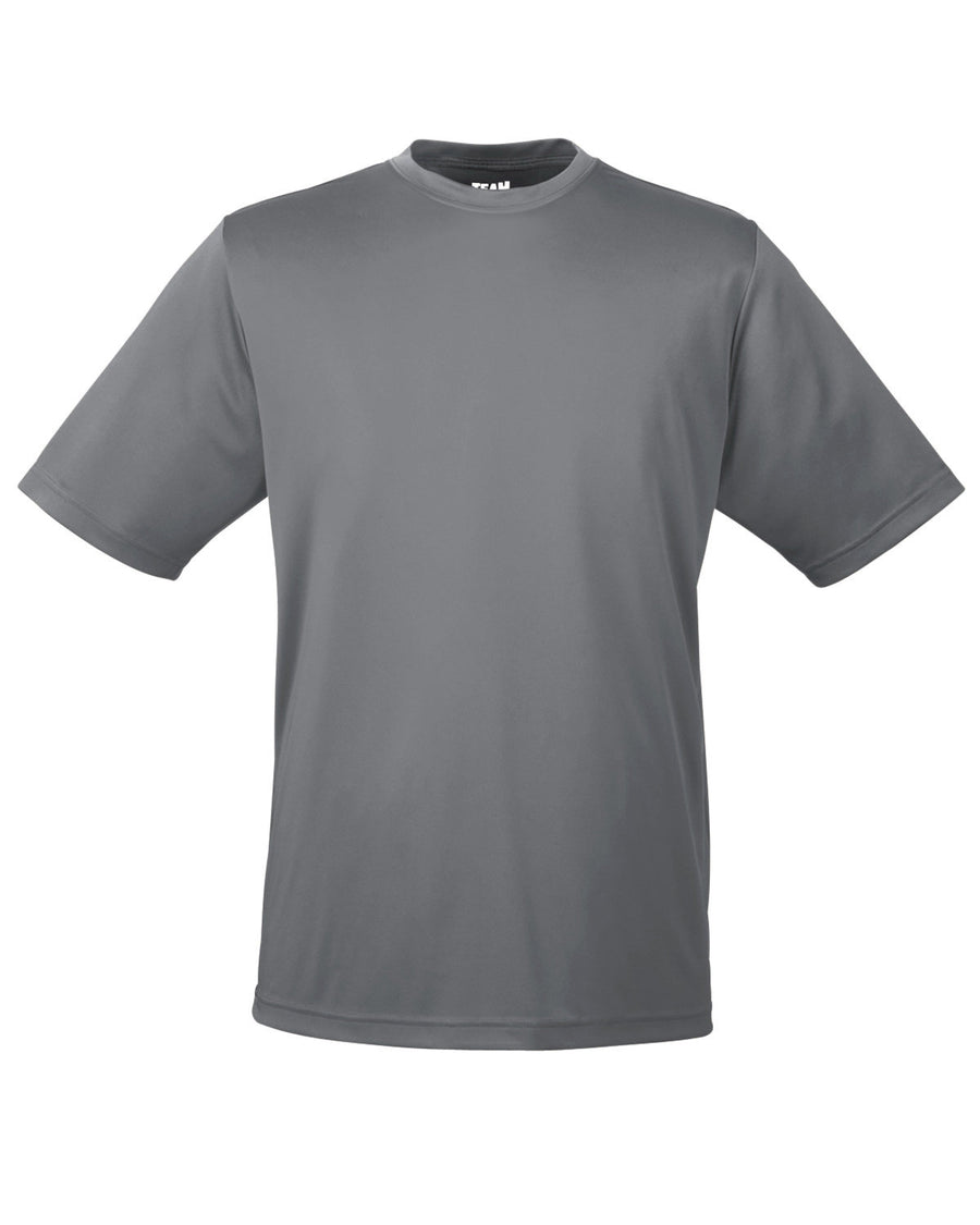 Men's Short Sleeve T-Shirt for active wear, team fit. Crafted with Cationic dye for brightness. Moisture-wicking technology. 100% polyester blend. Available in yellow, orange, and long t-shirt configurations.