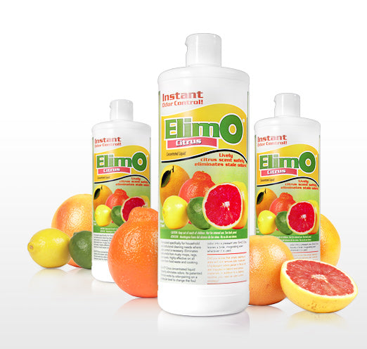ElimO Concentrated Liquid Deodorizer - Citrus-scented, 32 oz bottles, 12 per case. Efficient and cost-effective for tackling odors, leaving a fresh and invigorating scent.