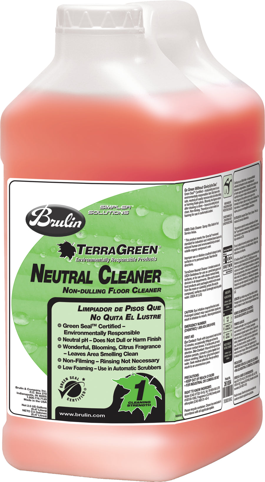 TerraGreen Neutral Floor Cleaner – Green Seal™ Certified daily cleaning solution in a case of two 2.5-gallon bottles. Non-filming, low foaming, with a refreshing citrus fragrance.
