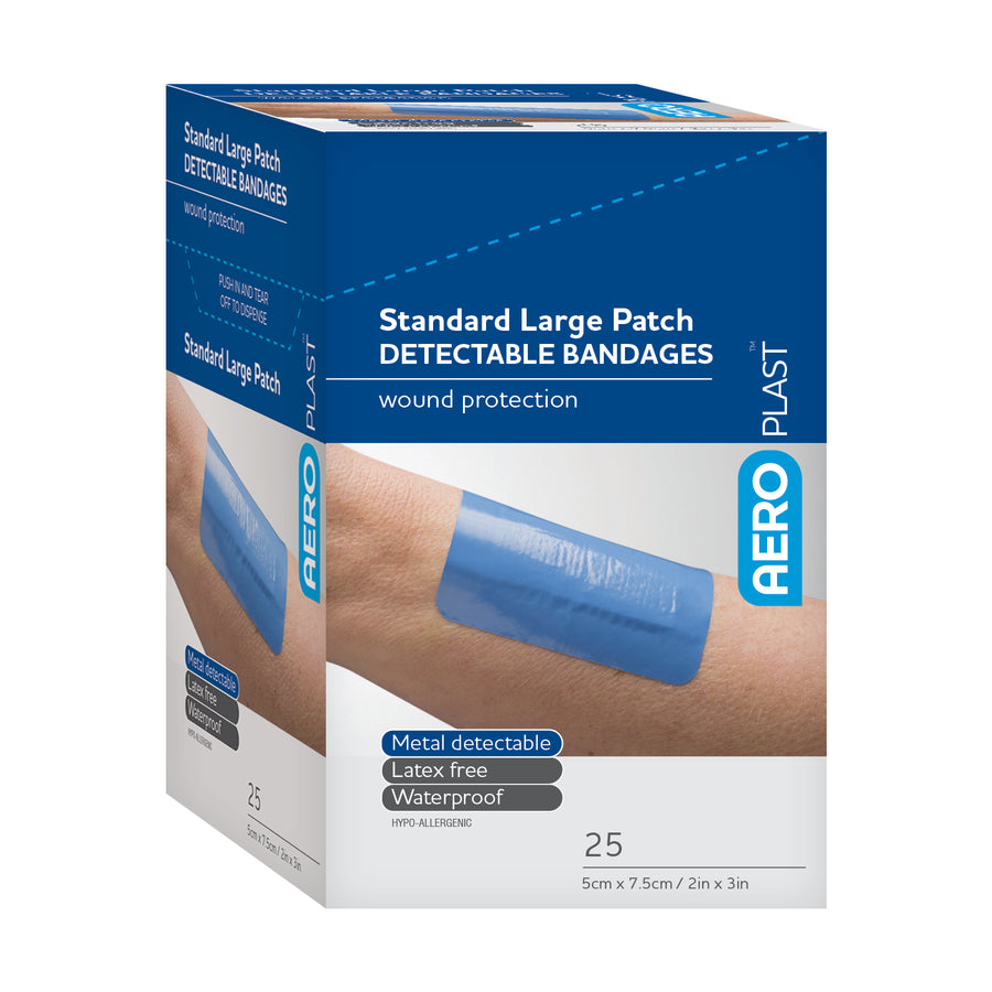 AeroPlast™ Metal Detectable Blue Bandages - Large Patch variant. Box of 25 for enhanced safety in industrial and food processing environments.