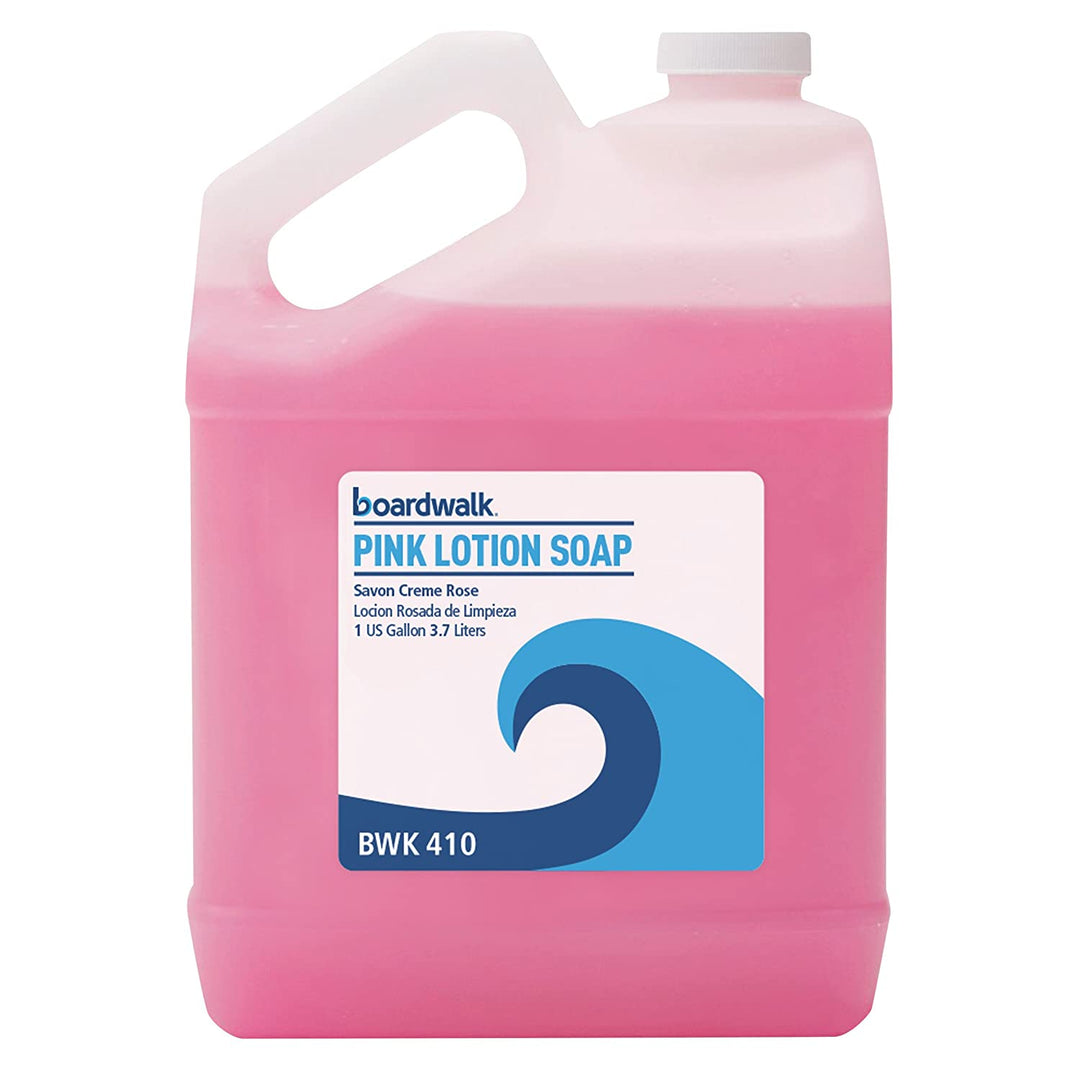 Pink lotion hand soap in one-gallon containers, sold in cases of four, suitable for homes and workplaces.