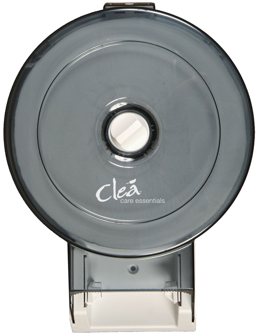 Clea Single Roll Tissue Dispenser - User-friendly with a convenient turn-dial and durable translucent gauge, a stylish addition to any restroom.