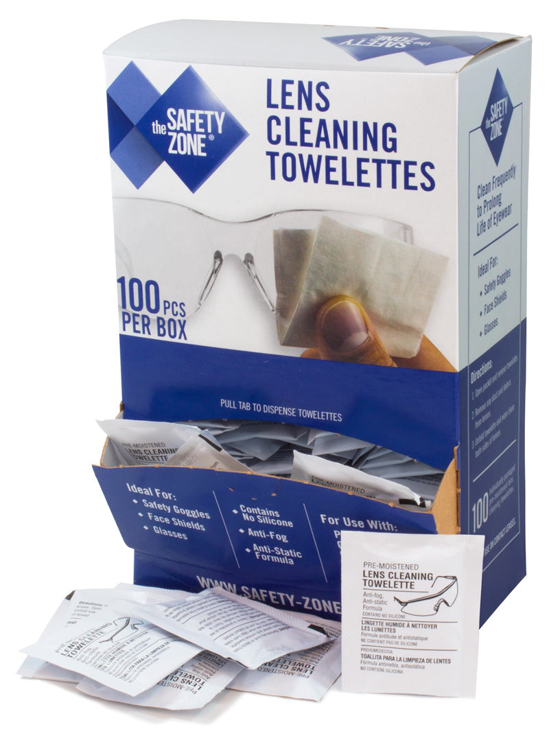 Lens Cleaning Towelettes – Box of 100 pre-moistened towelettes for streak-free lens cleaning. Anti-fog, anti-static, and 100% silicone-free. Compact packaging made of durable cardboard.
