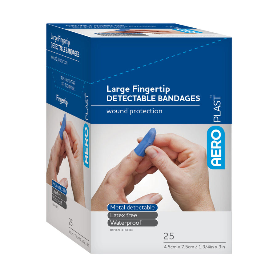 AeroPlast™ Metal Detectable Blue Bandages - Large Fingertip variant. Box of 25 for enhanced safety in industrial and food processing environments.