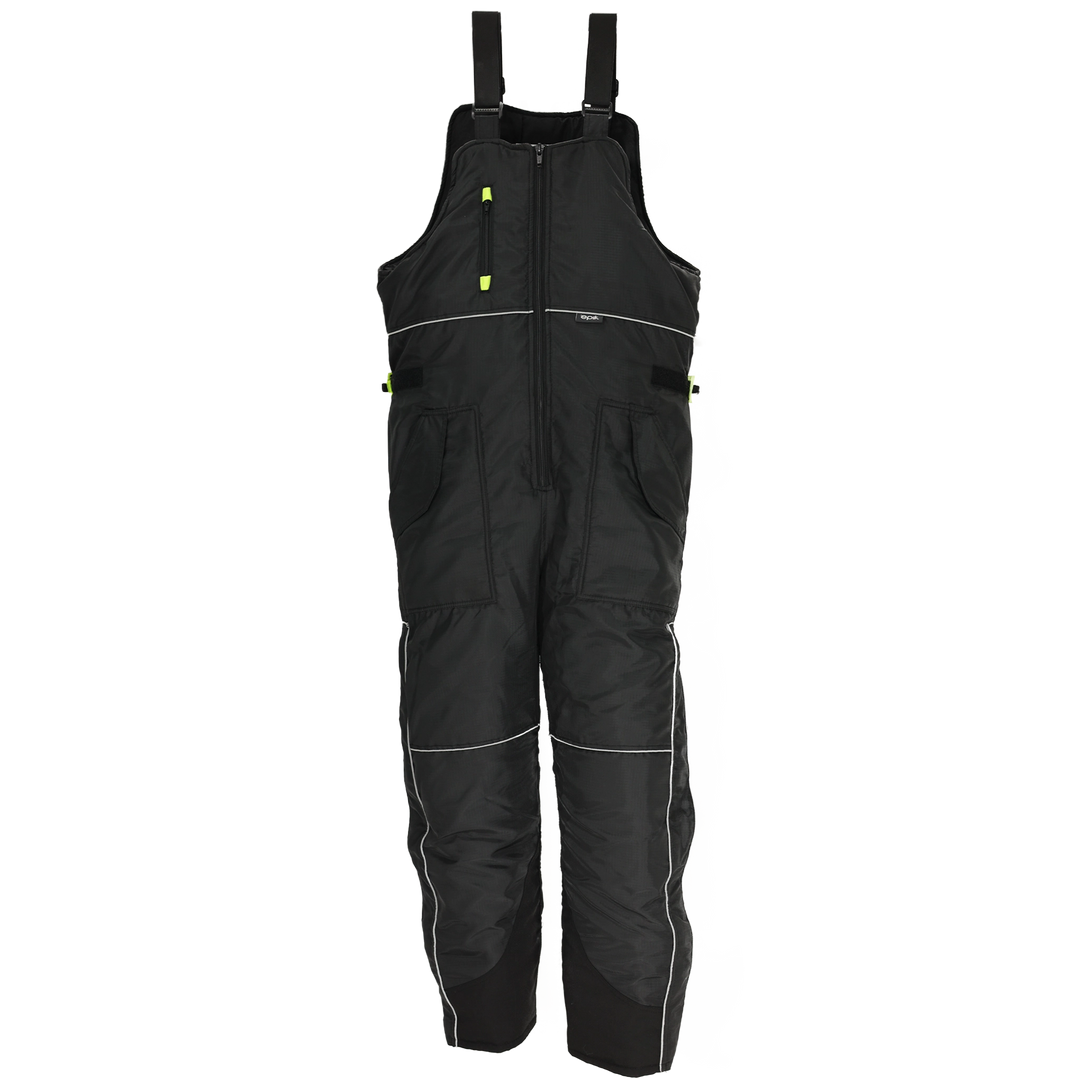 Reflex Bib Overalls - Black insulated overalls with reflective piping and zipper-protected pockets.