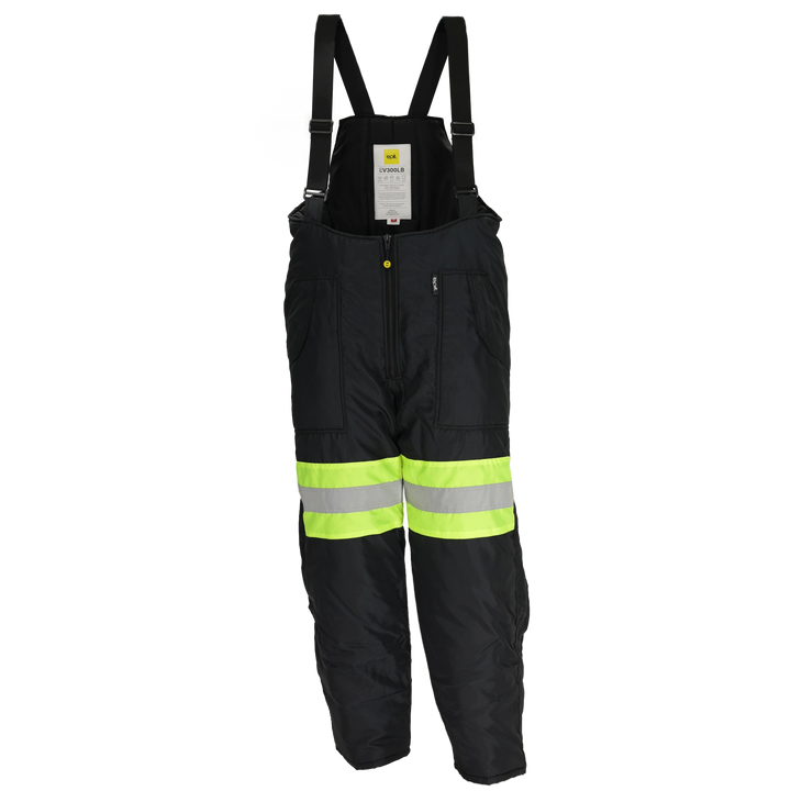 Reflex Pro Low Bib Overalls - Hi-Vis Yellow freezer bib with reflective knee band and double pockets. Featuring a low cut at the waist,adding flexibility and movement, allowing for easy layering with top outerwear.
