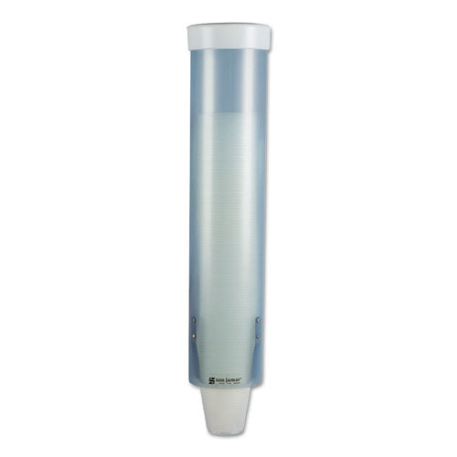 A frosted blue water cup dispenser with a removable cap.