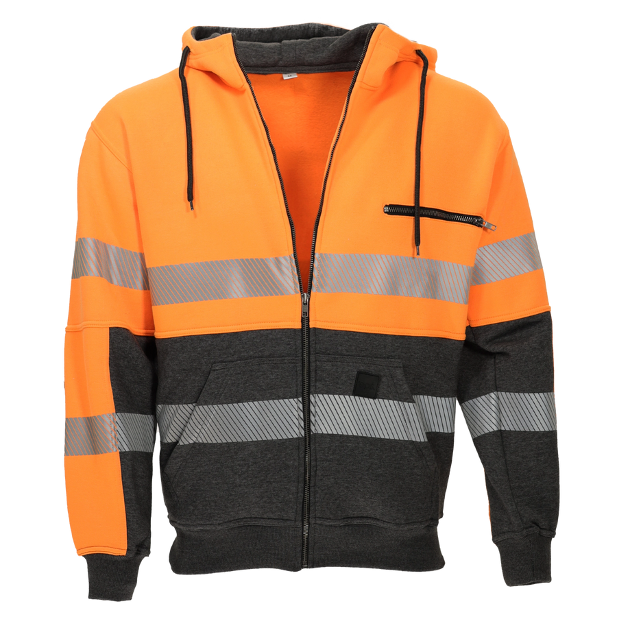 Peak 2.0 Zip-Up Hoodie by Epik in Hi-Vis Orange with reflective tape stripes. ANSI Class 2 rated for safety visibility.