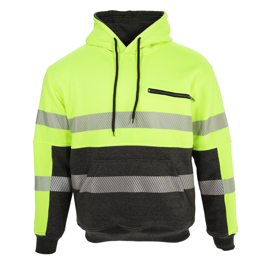 Hi-Vis Yellow Thermal Hoodie by Epik, ANSI Class 2 rated for safety. Double reflective tape stripes and chest pocket zipper. Ideal for cold work environments.
