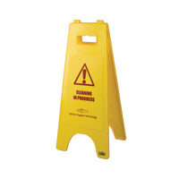 Yellow Folding 2-sided Floor Sign with ANSI- and OSHA-compliant graphics, ideal for doorways and narrow spaces.