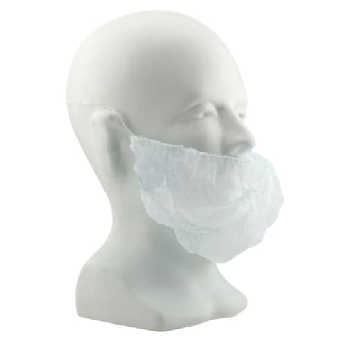 White Beard Net - 1000 units. Made of latex-free polyester mesh. One size fits all. Packed 100/bag, 10 bags/case.