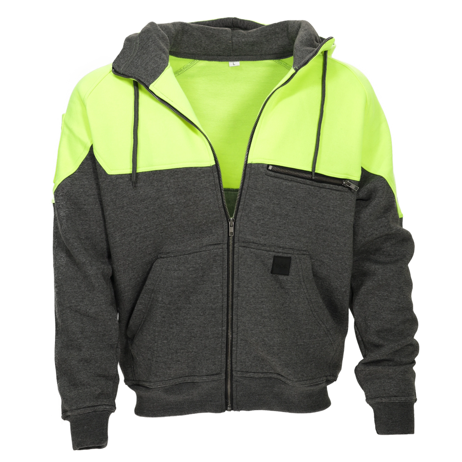 Epik Peak Zip-Up Hoodie in High Visibility Yellow. Crafted for safety and style, perfect for tough work environments. Features full-length zipper, ribbed cuffs, kangaroo pocket, and chest pocket zipper.