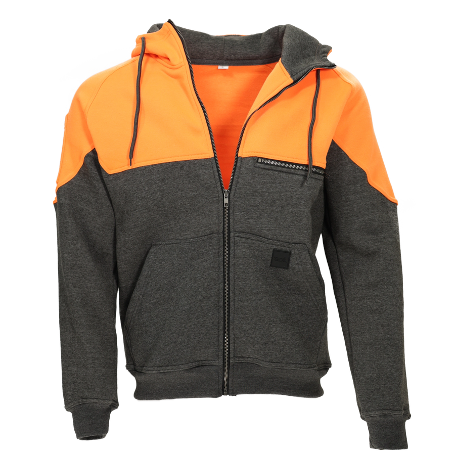 Epik Peak Zip Up Hoodie in High Visibility Orange. Crafted for safety and style, ideal for tough work environments.