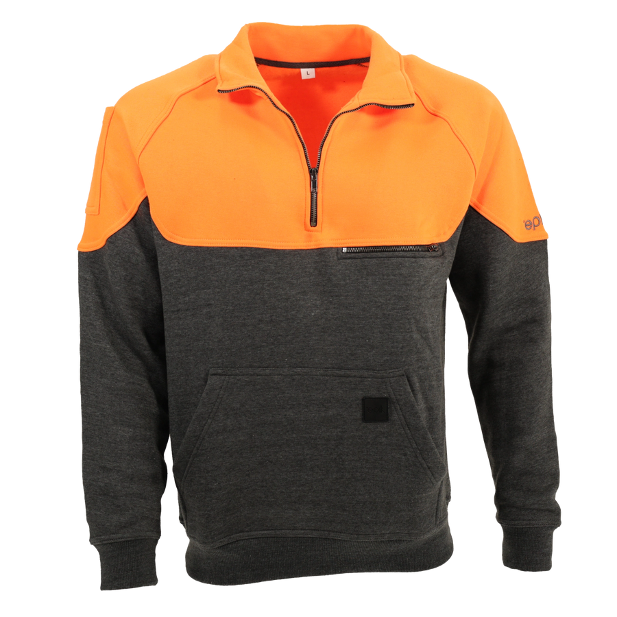 Epik's Peak Quarter Zip Sweater in Hi-Vis Orange, ideal for cold work environments.