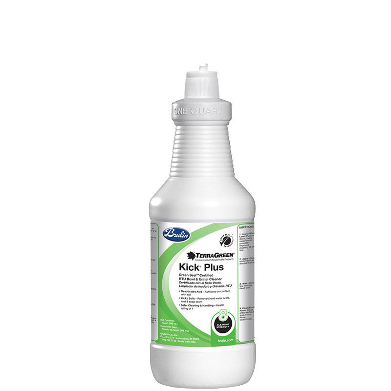 TerraGreen Kick Plus Non-acid Bathroom Cleaner. Removes hard water scale, rust & soap scum. Safer than HCl or Phosphoric acid Cleaners. Activates on contact with soil. Health rating of 1. Low odor, no harsh fumes. Green Seal certified. Twelve 32-ounce bottles per case.
