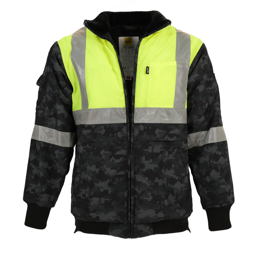 Valor Jacket - Camo-style hi-vis freezer jacket with American flag patch and reflective tape.