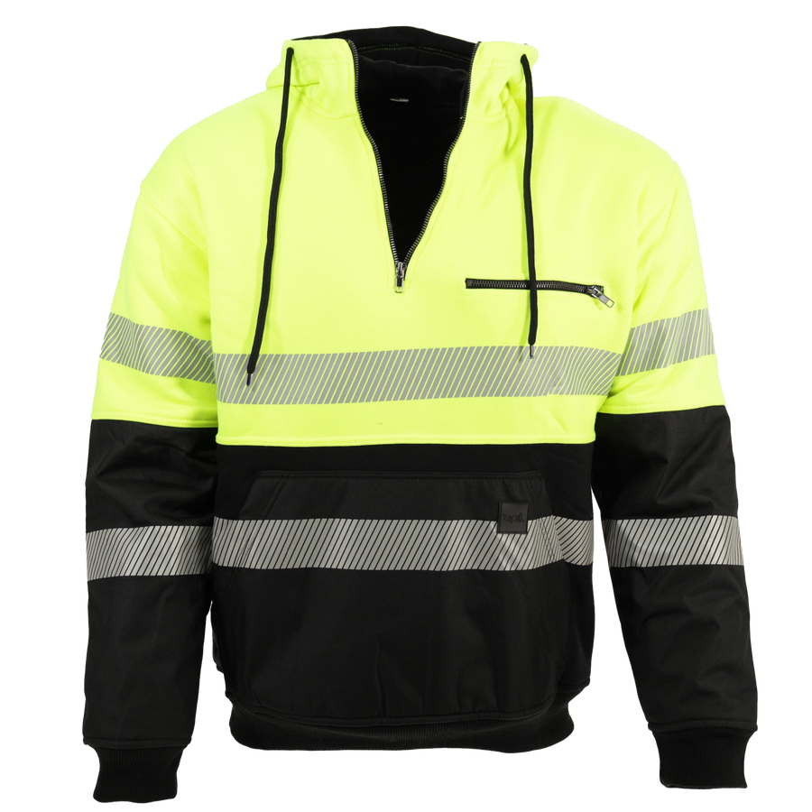 Peak Pro Quarter Zip Hoodie in Hi-Vis Yellow with ANSI Class 2 rating, reinforced Cordura fabric, and chest pocket with zipper.