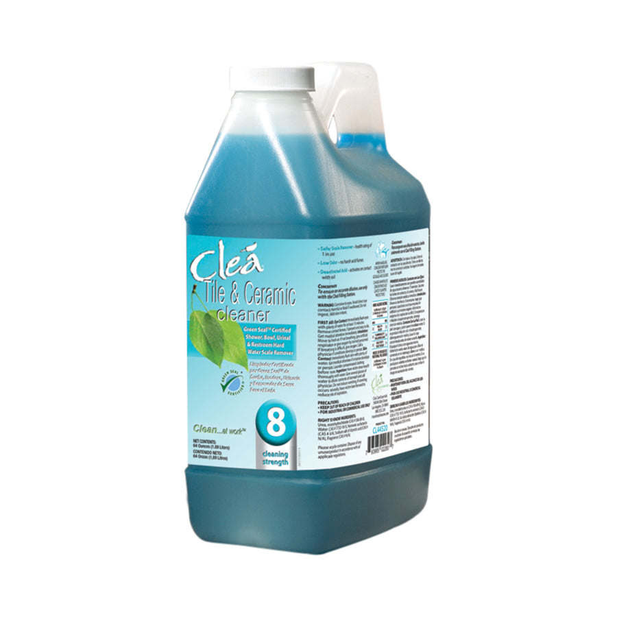 A 64oz bottle of Clea Tile & Ceramic Cleaner, a Green Seal Certified solution for removing hard water scale and stains. Worker-friendly with low odor fumes.