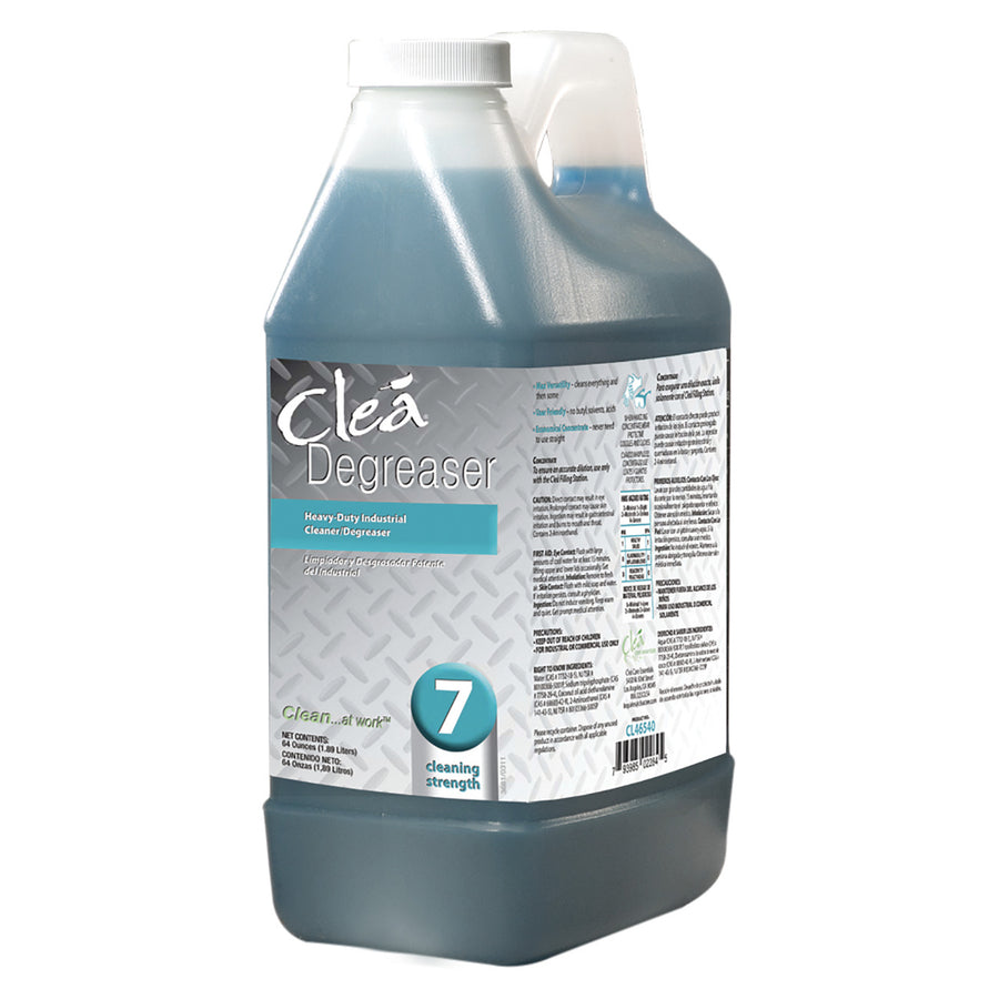 shows bottle of Clea Degreaser, an industrial-strength cleaner, suitable for heavy-duty degreasing. Free from solvents, butyl, or acid. Available in a 55 Gallon drum