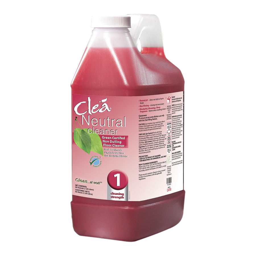 A 64oz container of Clea Neutral Cleaner, a non-dulling floor cleaner with a blooming citrus, floral fragrance. It's Green Seal Certified for eco-friendly cleaning.