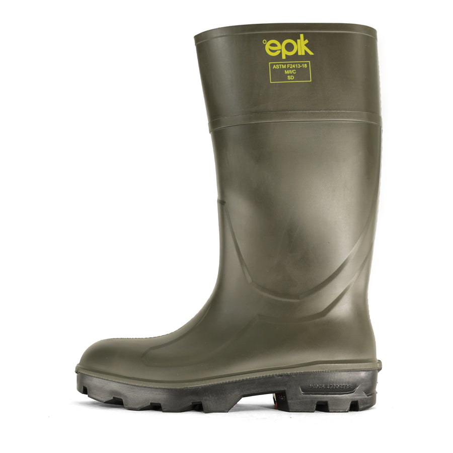 Tread Safety Boot in green/olive with one-piece polyurethane construction, composite safety toe, and slip-resistant sole.
