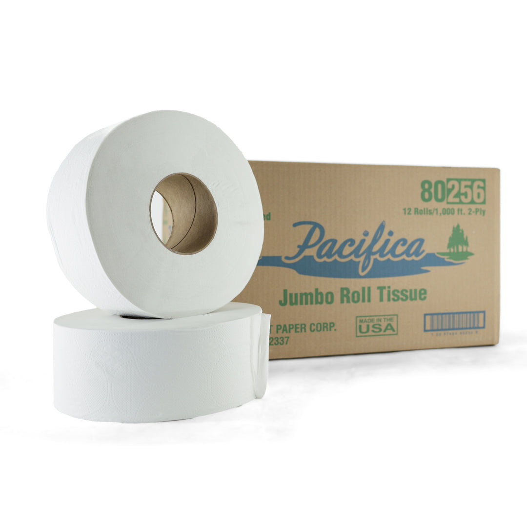 Techniclean Pacifica White Jumbo Roll Bathroom Tissue - 1000 feet per roll, fits standard jumbo tissue dispensers, case of 12 rolls.