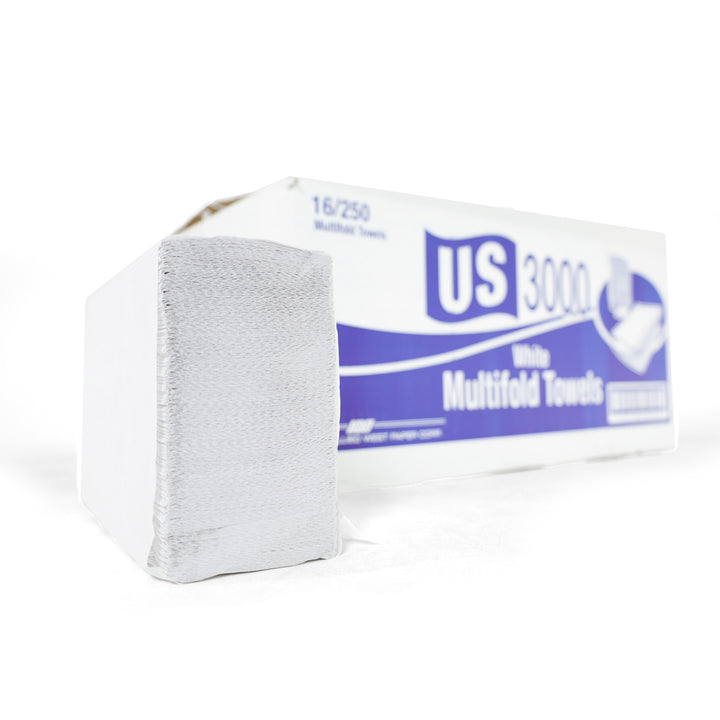 Techniclean US White Multifold Hand Towels, 100% Recycled (4000/cs) Sanitation Food Supply Paper Towels Side View California Bay Area