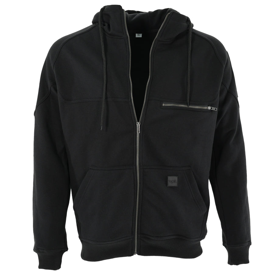 Epik Peak Zip Up Hoodie in Black. Crafted with Thick Fleece blend fabric for comfort and durability. Features full-length zipper, ribbed cuffs and hem, adjustable hood, chest pocket zipper, and pen arm pocket.