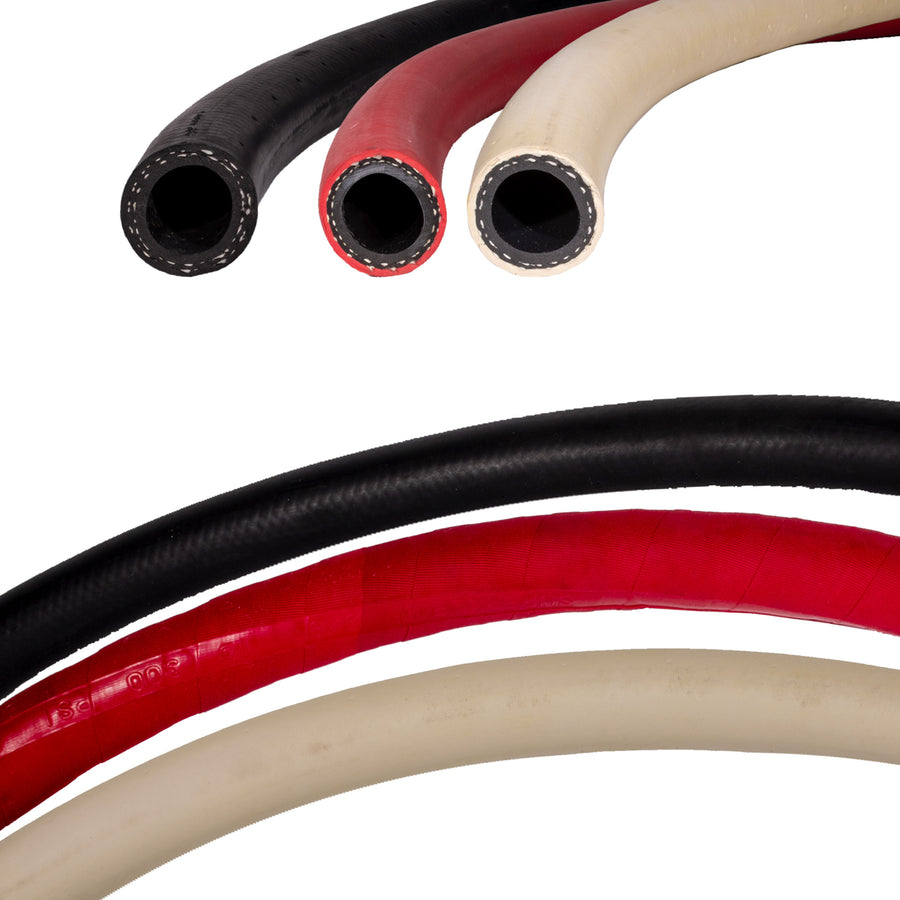 Techniclean 3/4" x 50' Washdown Hose. Stainless steel fittings for a secure connection. Available in black, white, or red. Abrasion-resistant and durable. Max pressure of 300 PSI.