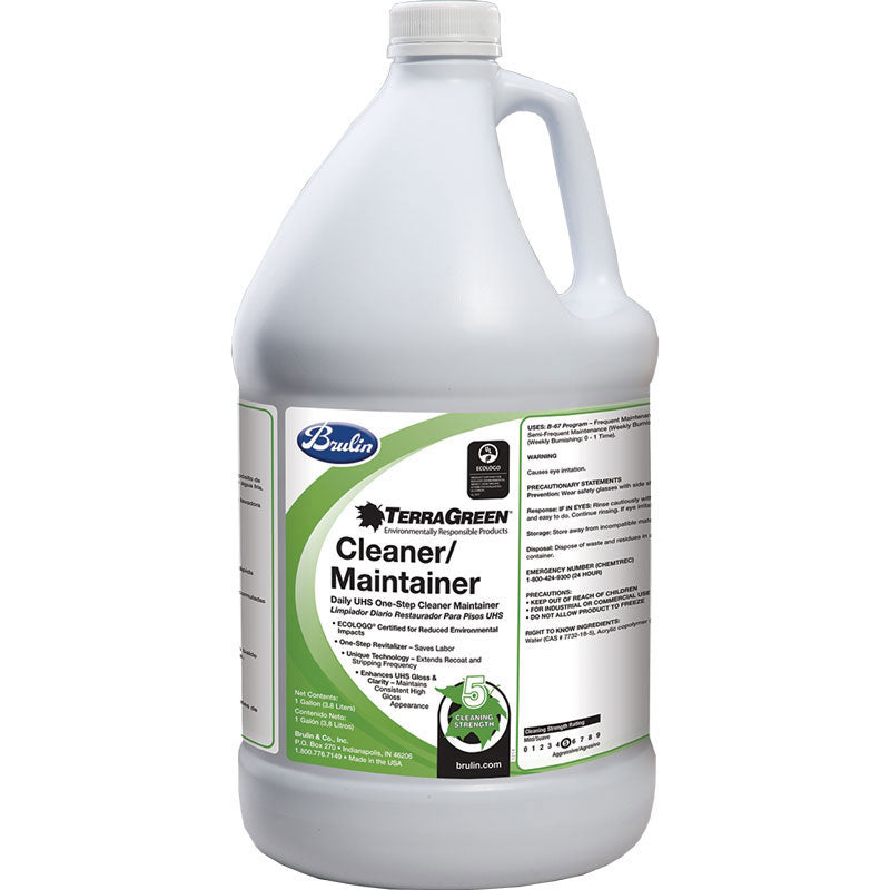 TerraGreen Cleaner Maintainer – Green Seal™ Certified daily cleaning solution in a single large 5-gallon bottle. Non-filming, low foaming, with a refreshing citrus fragrance. Image for representation only.