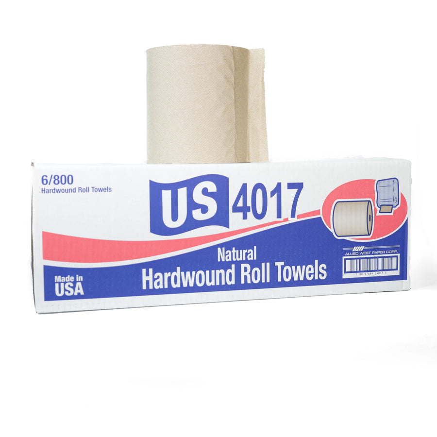 A roll of natural recycled paper towel, 800 feet in length, an eco-friendly choice.