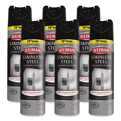 Techniclean Products Weiman Stainless Steel Cleaner & Polish, Aerosol, 17oz  6 Pack case.  Designed for stainless steel surfaces, removes dirt, residue, fingerprints, water spots, and more. Provides streak-free shine and long-lasting protection. 