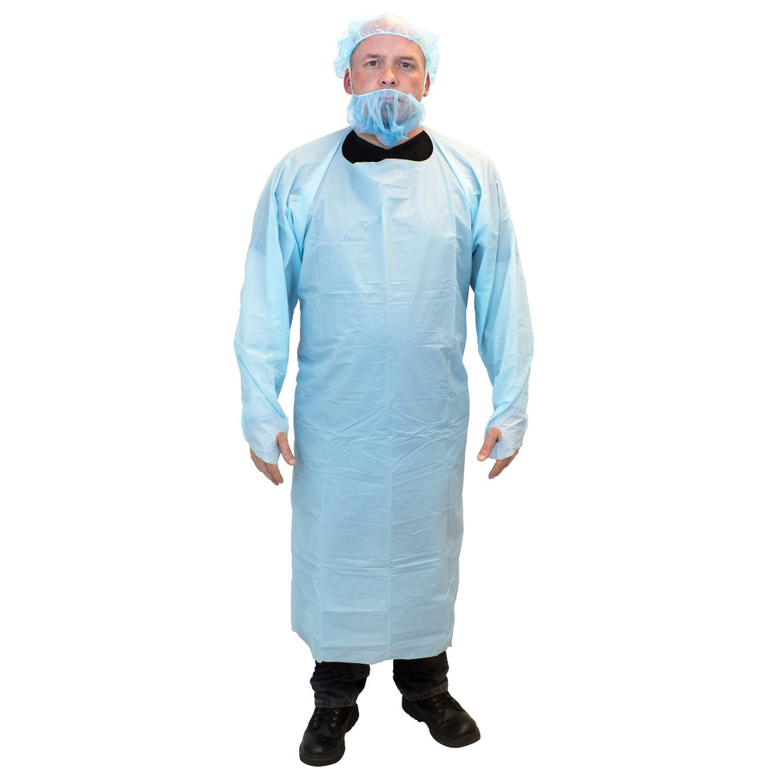 A pack of 1 Mil Blue Polyethylene Gowns with Thumb Holes, providing reliable protection and flexibility.