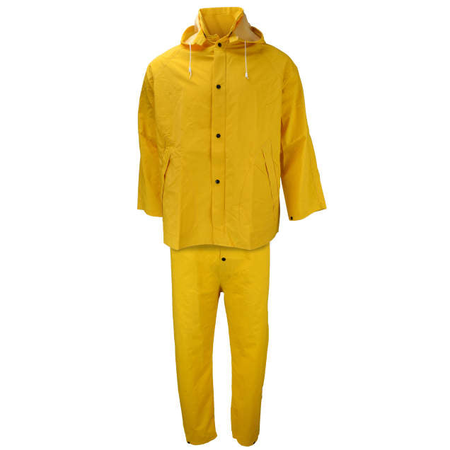 Neese Economy 1600 Rain Suit - Water-resistant PVC over polyester with electronically welded seams, available in a 3-piece suit or as a jacket with snap-on hood and bib trousers with safety fly.