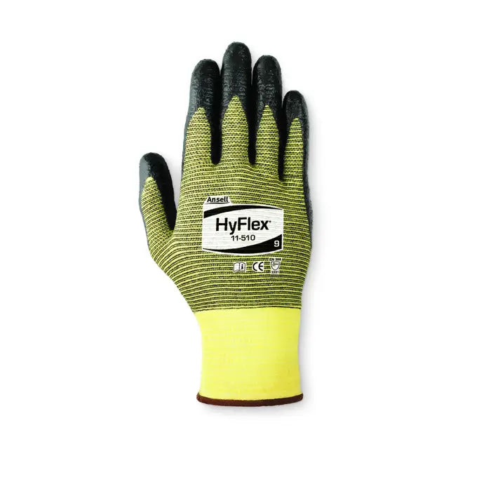 Hyflex Cut Resistant Nitrile Coated Gloves in yellow – 12 pairs for unbeatable protection. Ergonomic design, EN ISO B/ANSI A2 cut protection, and patented Kevlar® plaiting.