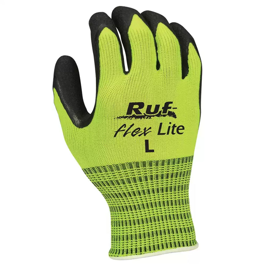 Ruf-flex Lite Hi-Vis Yellow Rubber Palm Coated String Knit Gloves - High visibility, flexible, and durable gloves for various tasks.