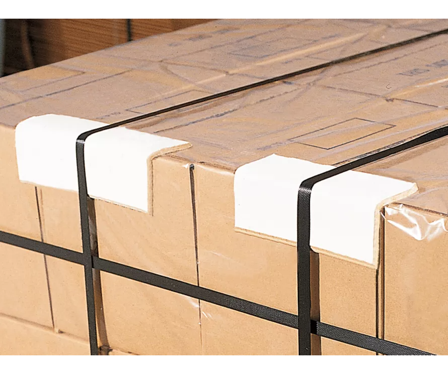 Bulk pallet of Strap Protectors, 2" x 2" x 6", .120" thickness, white finish, 11,700 units. Ideal for supportive packing and corner protection.