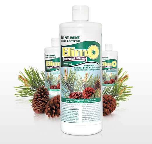 ElimO Concentrated Liquid Deodorizer - Herbal Pine-scented, 32 oz bottles, 12 per case. Versatile and potent for tackling odors, leaving a long-lasting, nature-inspired fragrance.