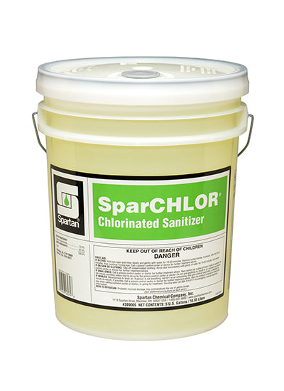 SparCHLOR Chlorinated Sanitizer - 5 Gallons, versatile for food and non-food surfaces, with certifications, proven bacterial reduction, and concentrated formula.