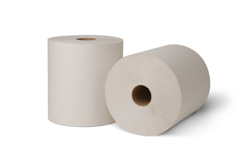 EcoSoft Green Seal Premium Natural White Roll Towel with a roll length of 800', 7.8" diameter, 10" length, 8" width, and 1.93" core size, in natural white color.