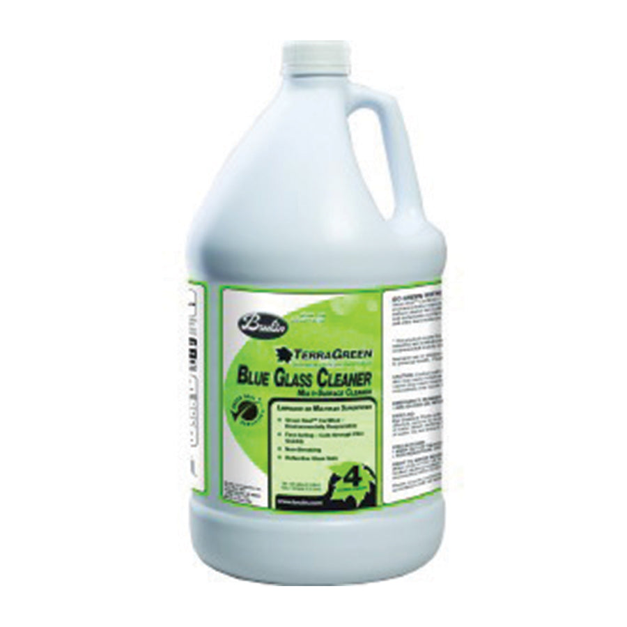 TerraGreen Blue Glass Cleaner in ready-to-use gallons (4/cs) for streak-free cleaning on glass, stainless steel, and hard surfaces.