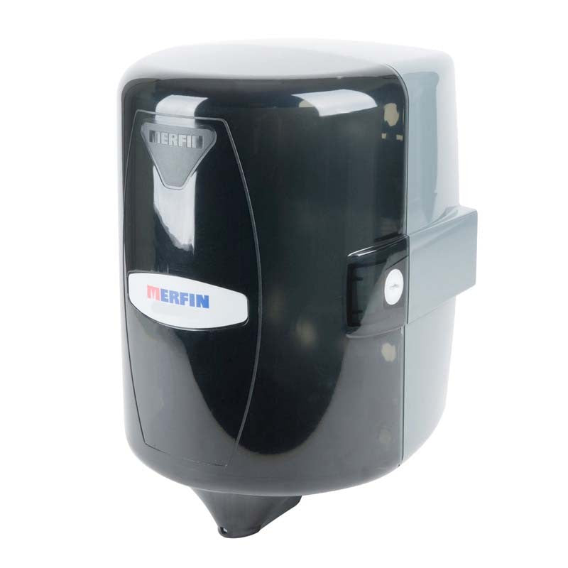 Universal Mini Center Pull Towel Dispenser. Compact design with split funnel and automatic tensioning. Accelerated dispensing option. Break-resistant plastic construction. Key: 59002, 59005.