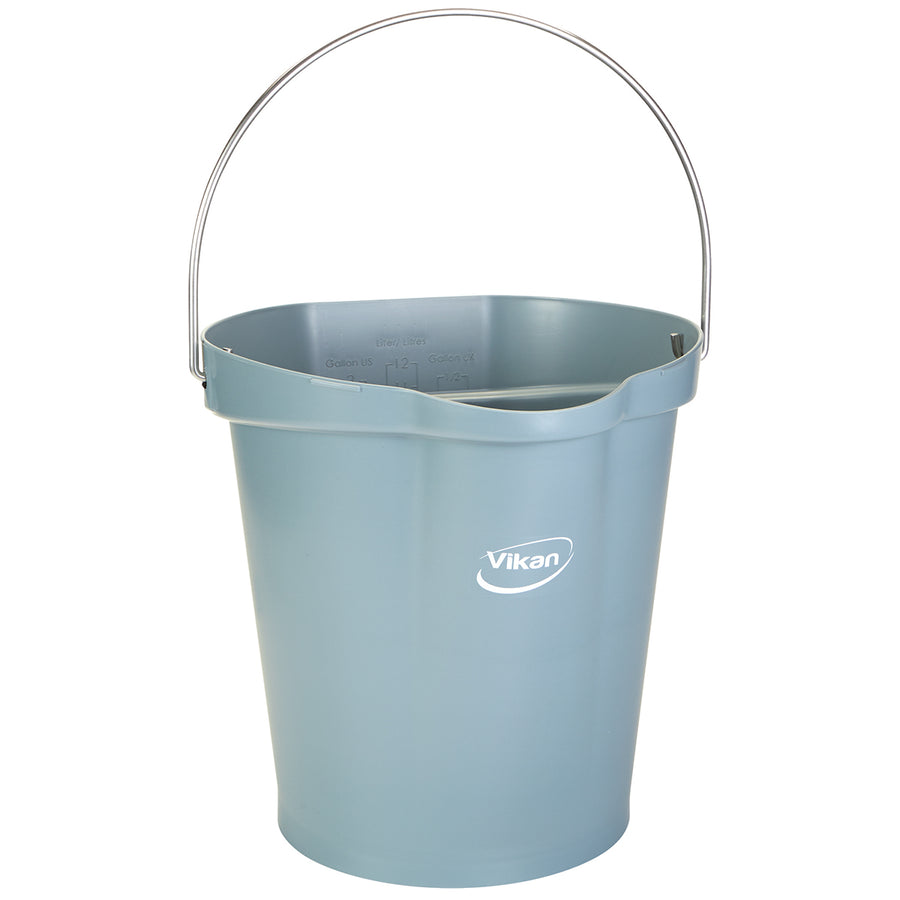 Vikan 3 Gallon Bucket with Stainless Steel Handle, ideal for chemical transport. Drip-free spout, raised grip, calibrated measurements, and color-coded for easy identification.
