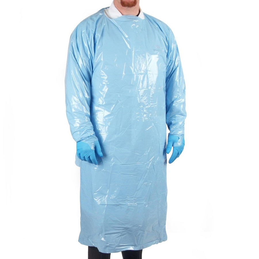 CPE Isolation Gown, rear entry with attached ties and thumb loop, 55" long. Case of 100.