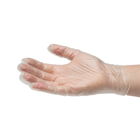Clear Vinyl Disposable Gloves, Powder Free, neatly stacked and ready for use, with a transparent finish for clear visibility of hands.