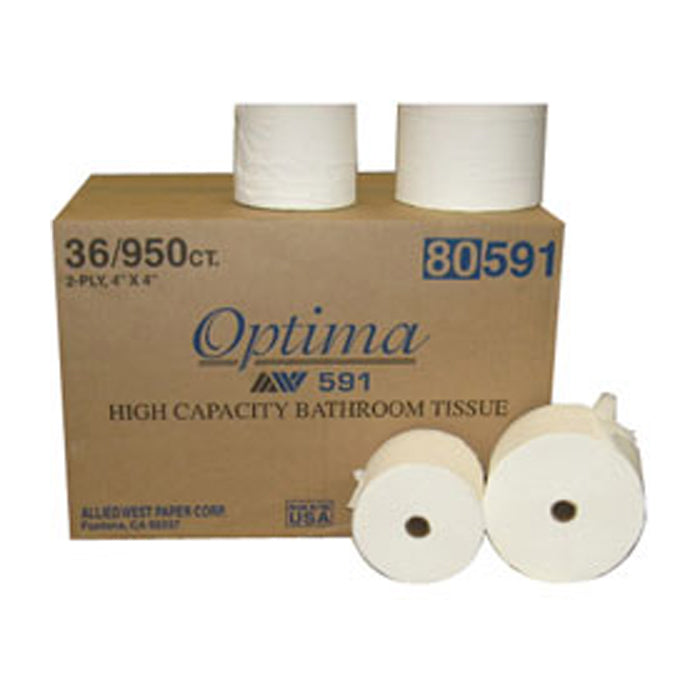 Optima premium 2-ply bathroom tissue with small core, 36 rolls per case.