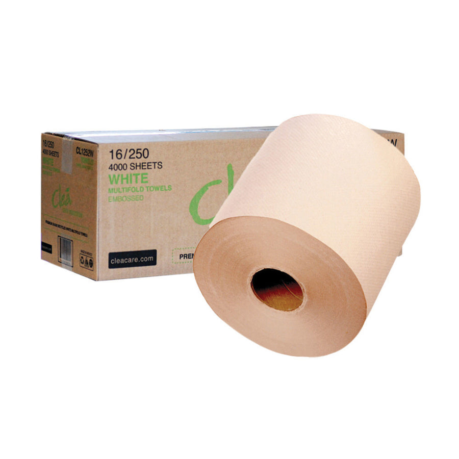 Cleá Controlled-Use Natural 100% Recycled Hand Roll Towel 925', eco-friendly and sustainable, controlled-use design, 925' long, gentle on skin and absorbent, 6 rolls per case.